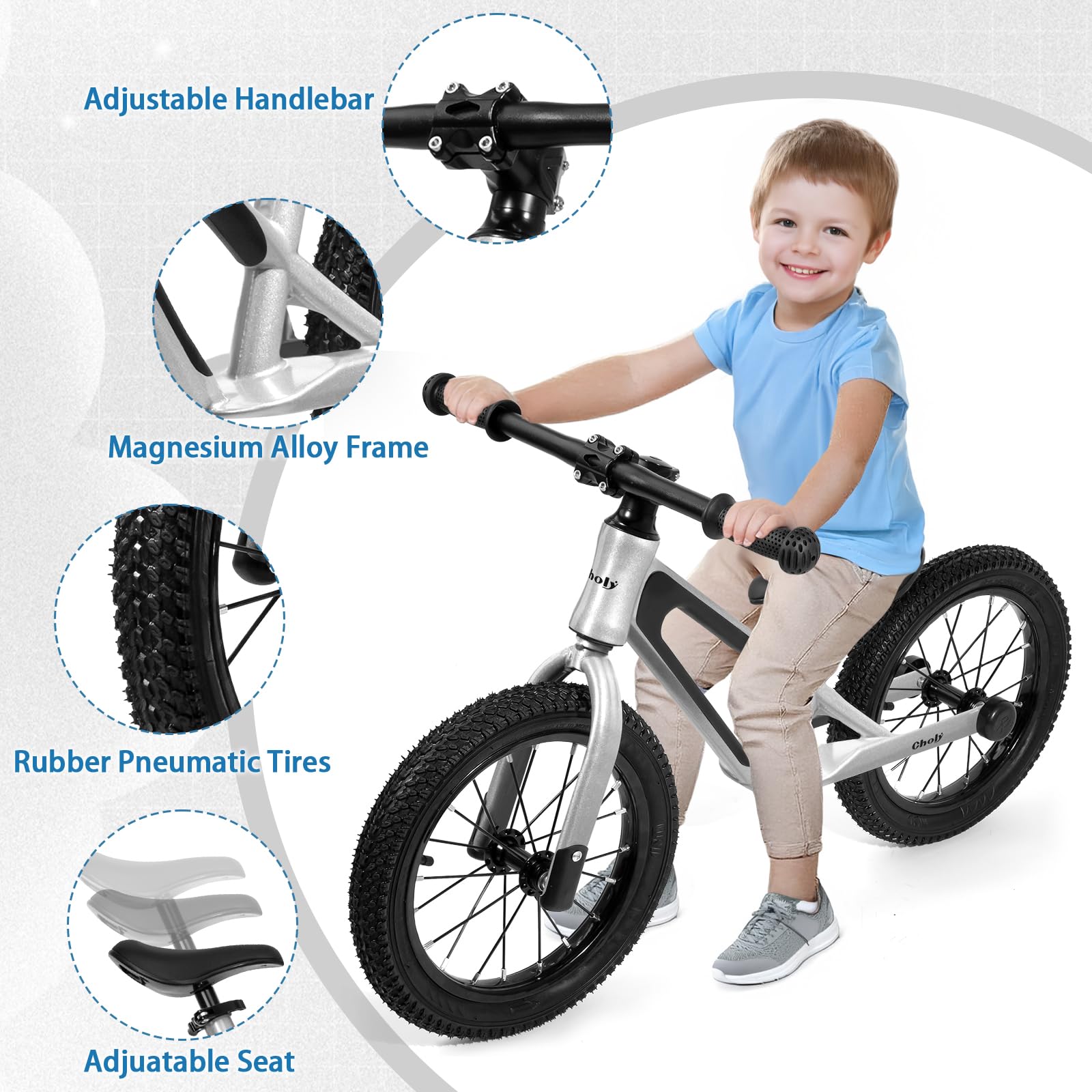 CHOLY 14 Inch Balance Bike for 3,4,5,6 Year Old Boys Girls, No Pedal Kids Bike with Adjustable Seat, Air Tires and Magnesium Alloy Frame, Lightweight Children's Traing Bicycle