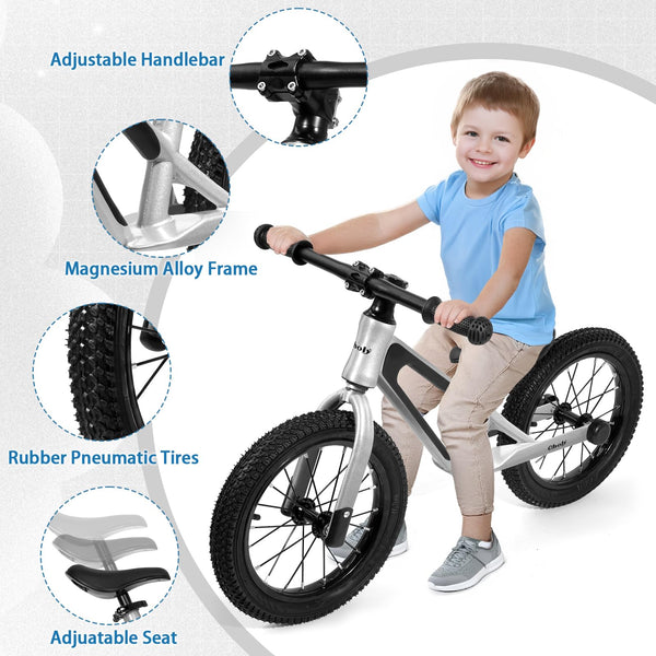 CHOLY 14 Inch Balance Bike for 3,4,5,6 Year Old Boys Girls, No Pedal Kids Bike with Adjustable Seat, Air Tires and Magnesium Alloy Frame, Lightweight Children's Traing Bicycle
