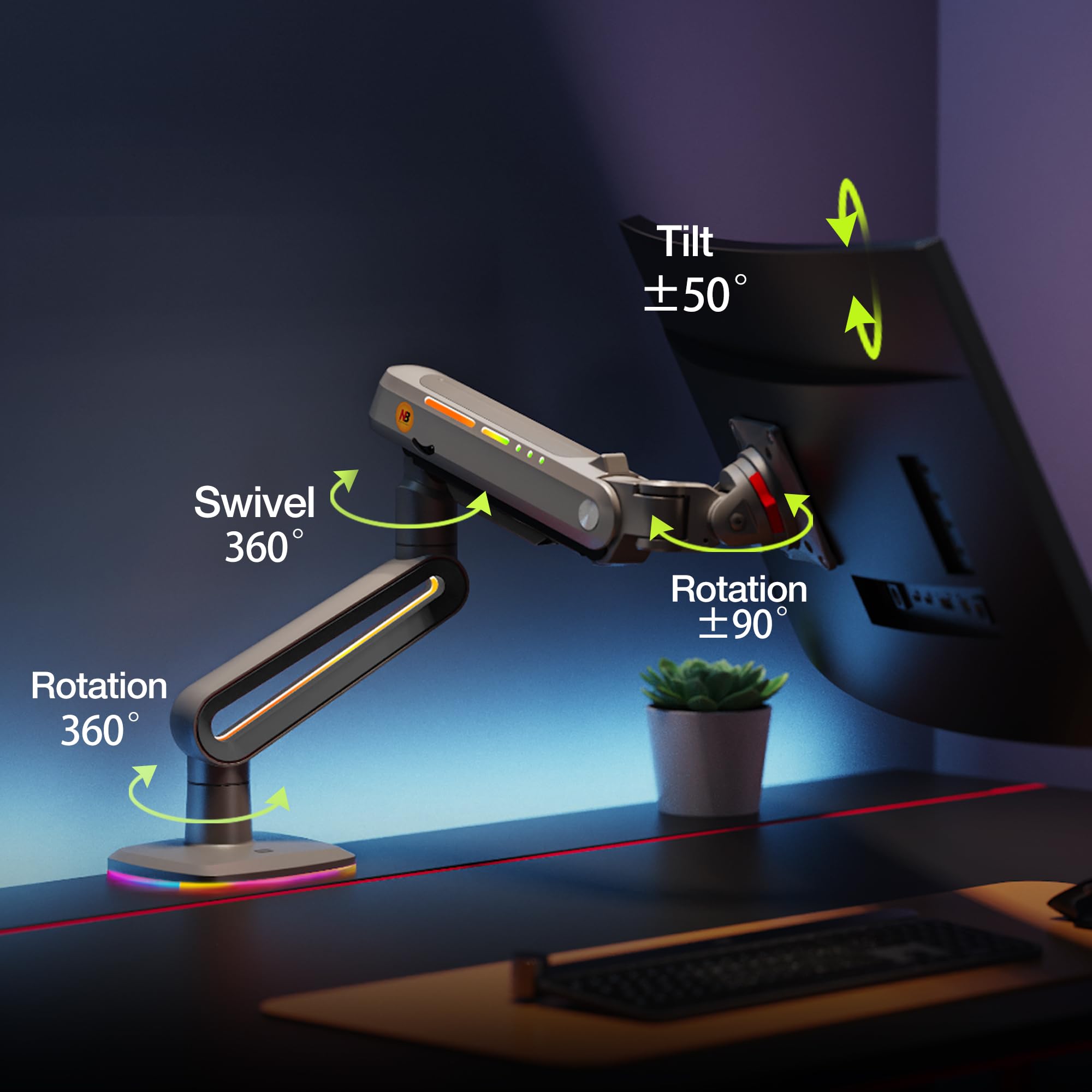 NB Ergonomic Monitor Stand for Screen 32 to 60 inch, RGB Ultrawide Curved Monitor Arm 49 57 inch - Load up to 20 kg, VESA 75 & 100 mm (Black)