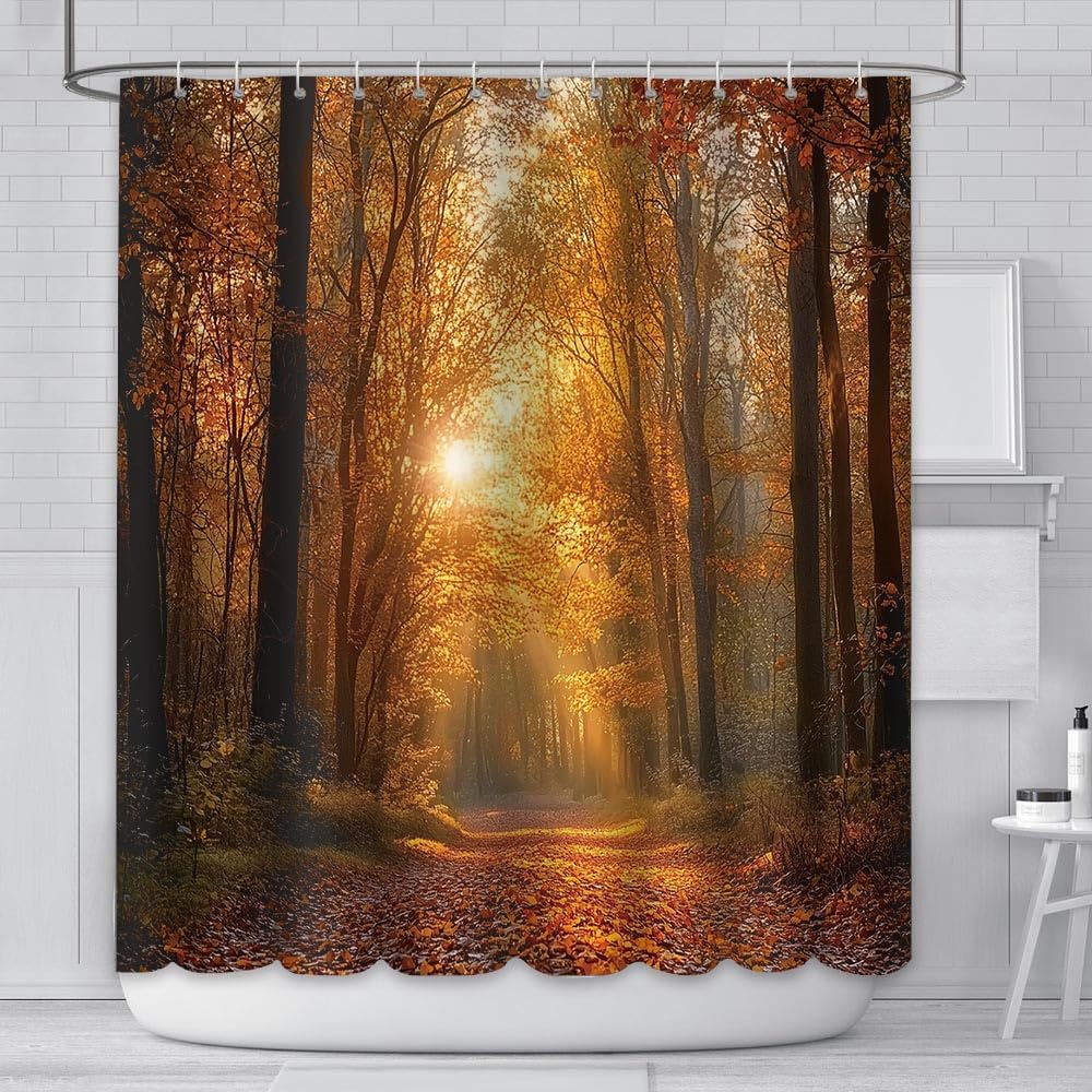 AIBIIN Autumn Forest Shower Curtain Waterproof Yellow Maple Tree Design with Falling Leaves 180x180cm Bathroom Decor for Fall, Farmhouse, Thanksgiving