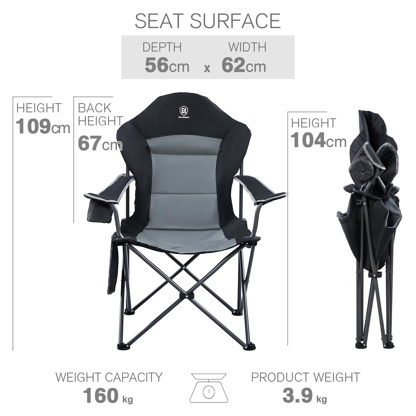 EVER ADVANCED Camping Chairs for Adults Heavy Duty Folding Chair Up to 160kg Oversized with High Back & Cup Holder & Side Pocket Comfy Camp Fold Up Chair