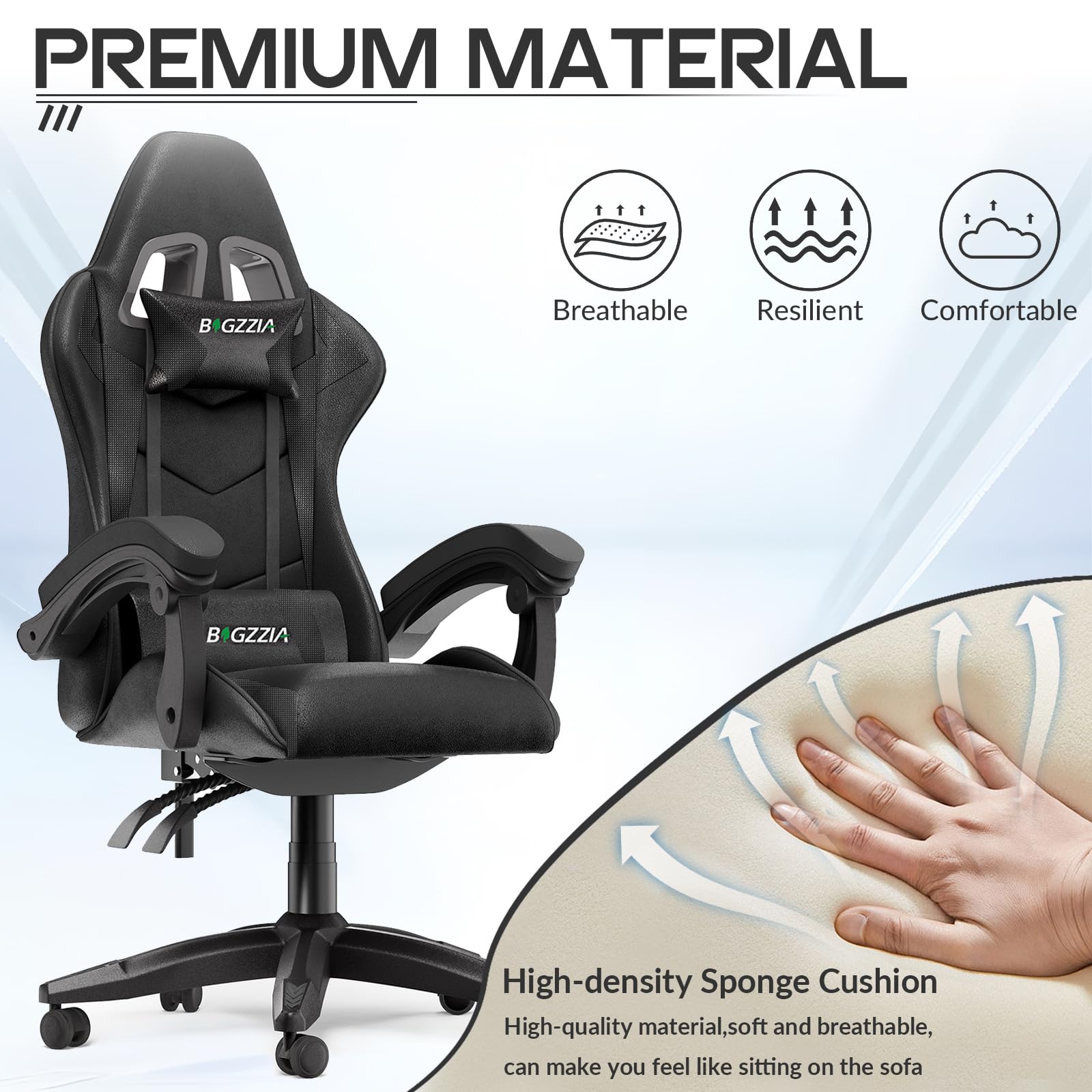 Gaming Chair, Ergonomic Gaming Chair with Heated Seat, Height Adjustable Reclining Video Game Chair with Headrest and Lumbar Support, Big and Tall Gaming Chair for Adults (Basics, Black/Grey)