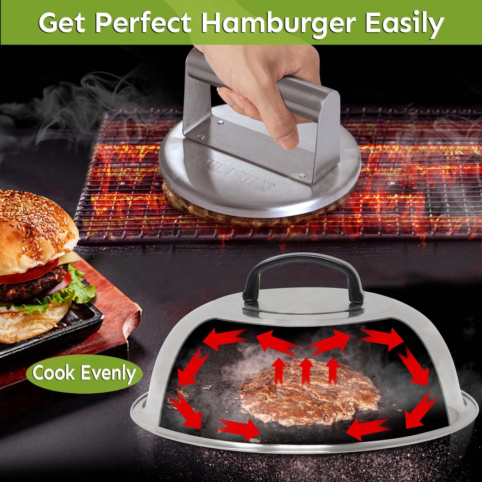 HULISEN Smashed Burger Kit, Burger Press with Edge, 12 Inch Basting Cover, Grill Spatula, Spice Dredge Shaker and 2 Squeeze Bottles - Griddle