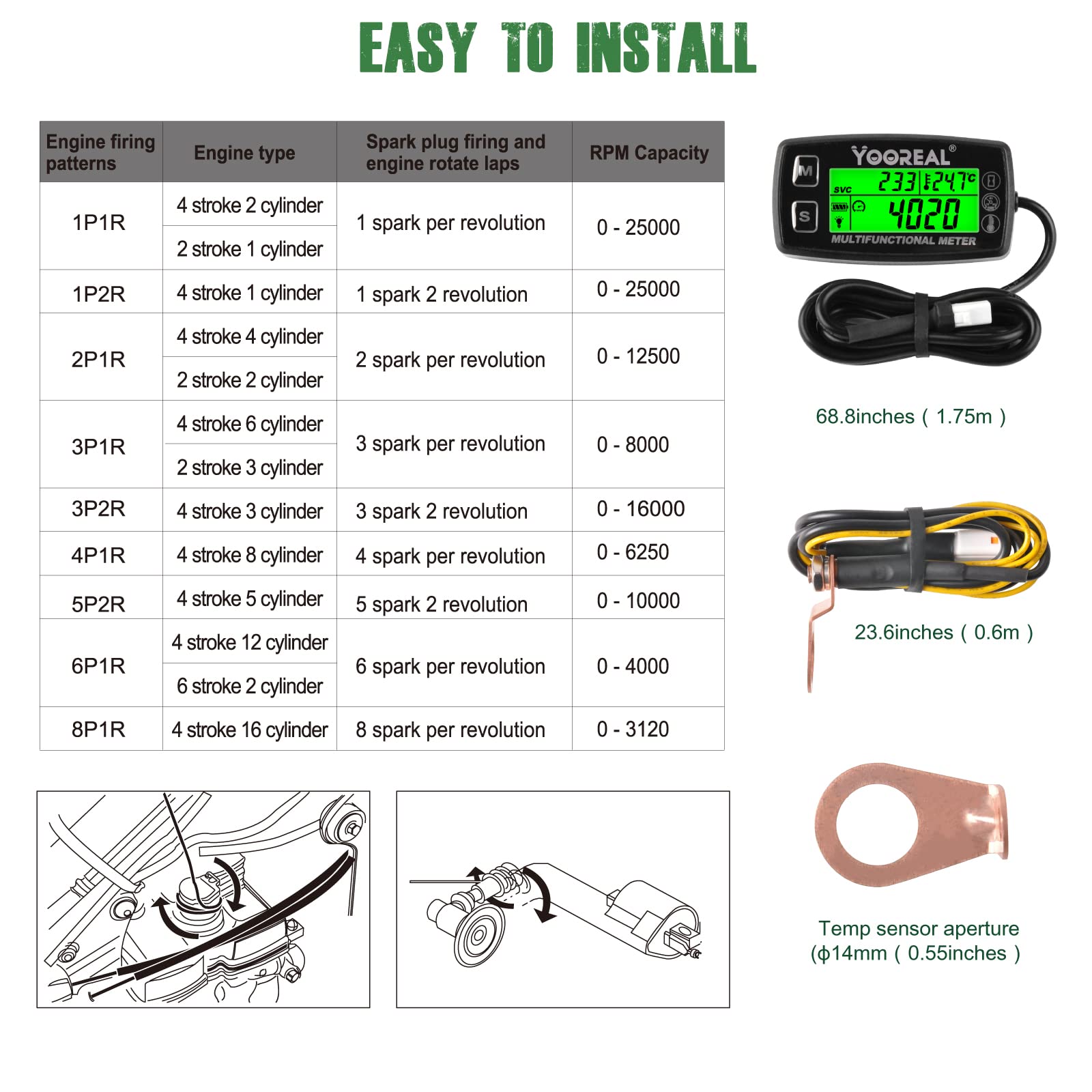 Yooreal Engine Temperature Gauge,TEMP Meter,User Shutdown Tachometer for Scooter Snowmobile Mini Bike Motorcycle Lawn Mower Generator Dump Truck