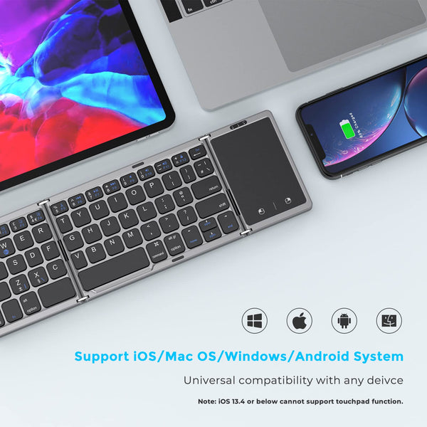 Seenda Folding Bluetooth Keyboard with Touchpad, Foldable Portable Travel Mini Wireless Keyboard, Rechargeable UK layout for iOS Android Windows PC Tablet phone ipad, Black and Grey