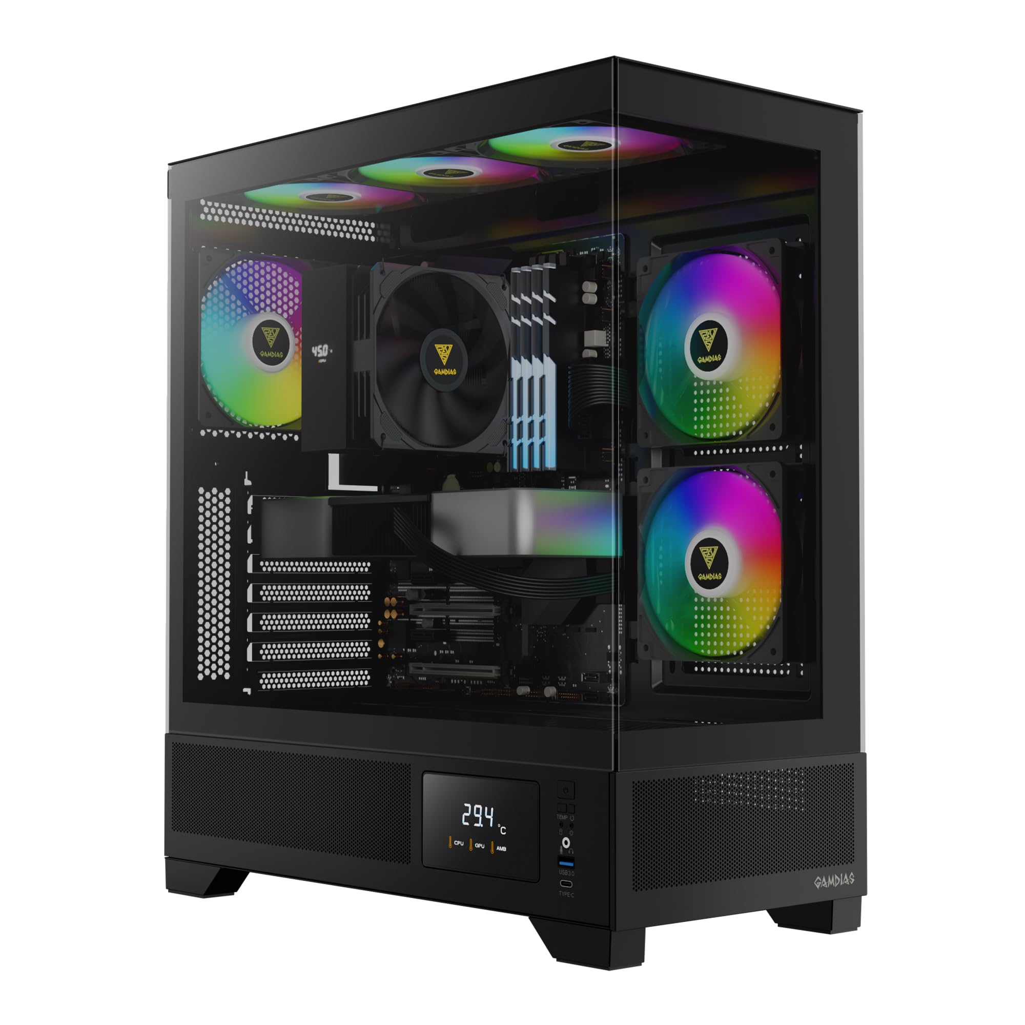 GAMDIAS PC Case, ATX Gaming Mid Tower, No-Hub, Real-time Monitor, Seamless Tempered Glass, Pre-install 3 x 120 mm ARGB PWM Fans, Side Vents Perforated, Black