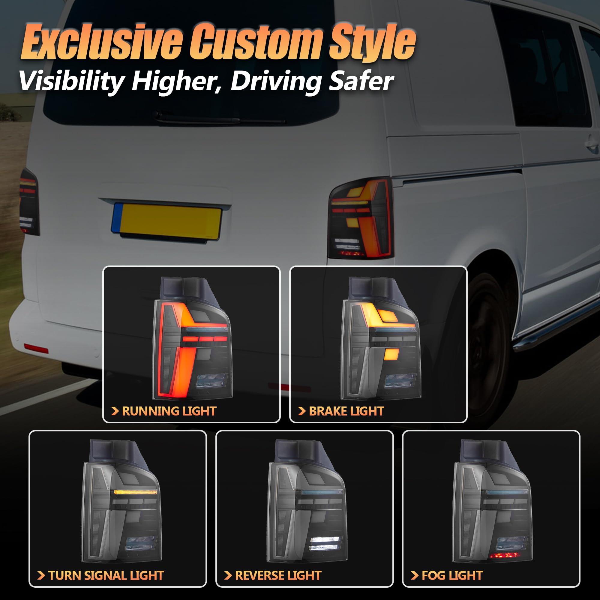 VLAND LED Rear Lights Compatible With Transporter T5 Facelift T5.1 Caravelle Multivan TDI TSI 2010-2014, w/Startup dynamic display, Driver & Passenger Side - Smoked