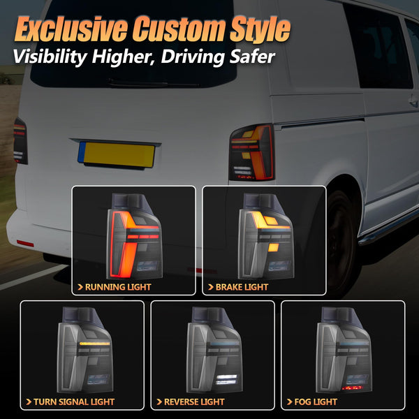 VLAND LED Rear Lights Compatible With Transporter T5 Facelift T5.1 Caravelle Multivan TDI TSI 2010-2014, w/Startup dynamic display, Driver & Passenger Side - Smoked