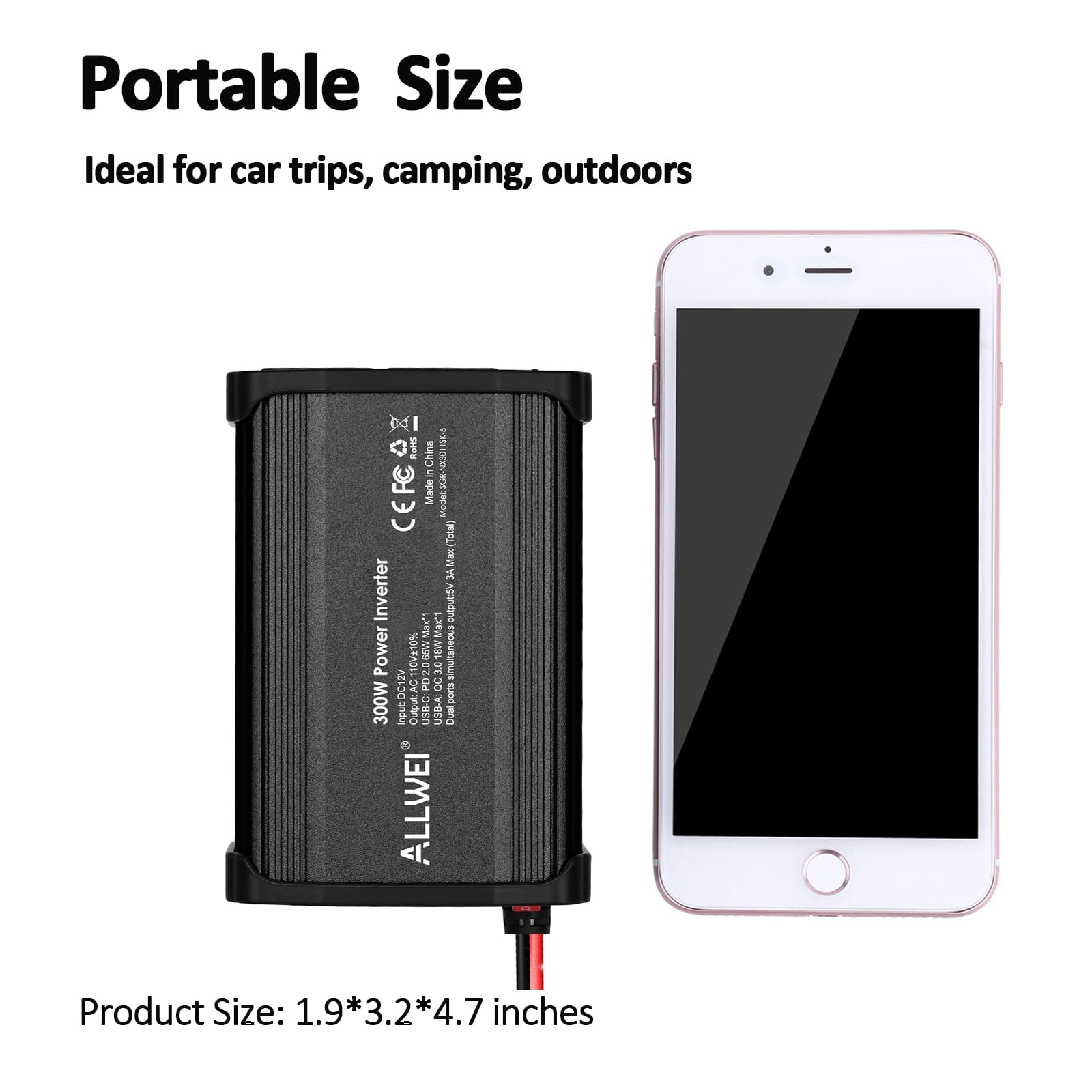 ALLWEI 300W Car Power Inverter with 27W USB-C and 3.0 USB Port - DC 12V to 240V / 230V AC Power inverters for Vehicles Converter Fast Charging Ports Car Charger Adapter (Red)