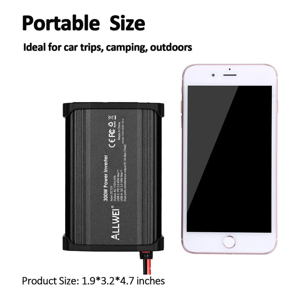 ALLWEI 300W Car Power Inverter with 27W USB-C and 3.0 USB Port - DC 12V to 240V / 230V AC Power inverters for Vehicles Converter Fast Charging Ports Car Charger Adapter (Red)