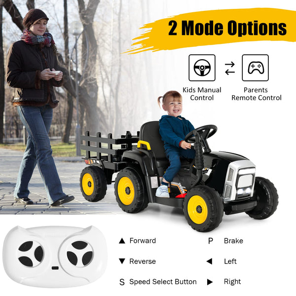 COSTWAY Ride on Tractor and Trailer, 12V Battery Powered Electric Kids Toy Car with Remote Control, LED Lights, USB & Bluetooth Music, Four Wheels Ride on Toys for Children Ages 3+(Dark Green)