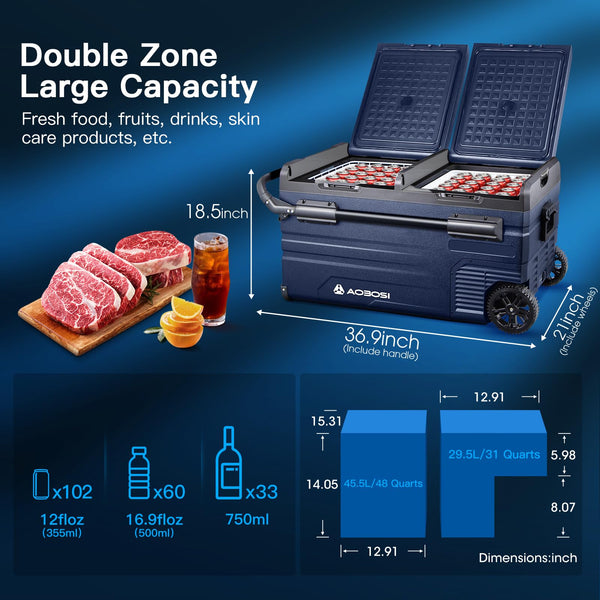 AAOBOSI Compressor Camping Fridge 95L, Car Fridge Dual Zone with 12/24V DC and 100-240V AC, -20°C to 20°C Portable Freezer for Car, Campervan, Lorry, Truck, Boat