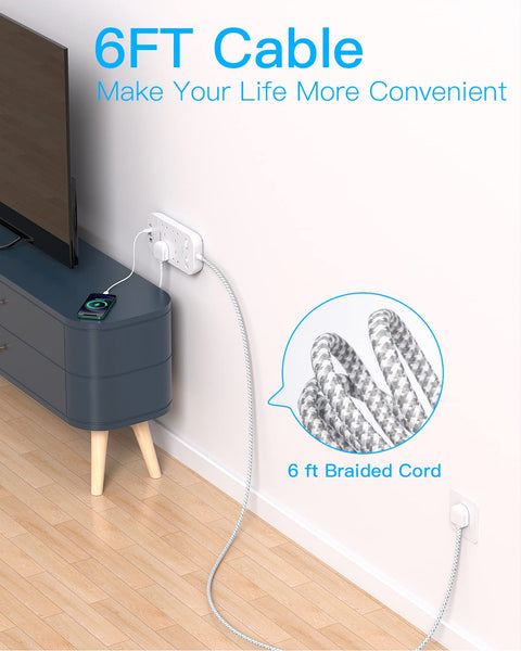 4 Way Surge Protected Extension Lead with USB Slots, HANYCONY Extension Cable with Double Switches, Plug Extension Socket 1.8M Braided Extension Cord for Home Office Accessories, Gray