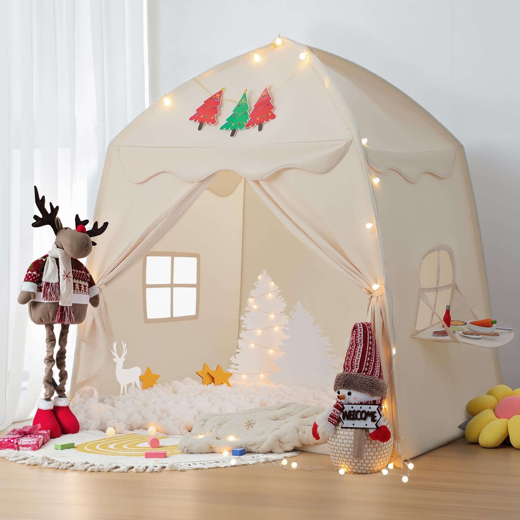 besrey Kids Play Tent Playhouse for Indoor & Outdoor – Spacious Design with Windows, Christmas Tree Flag & Lights Included