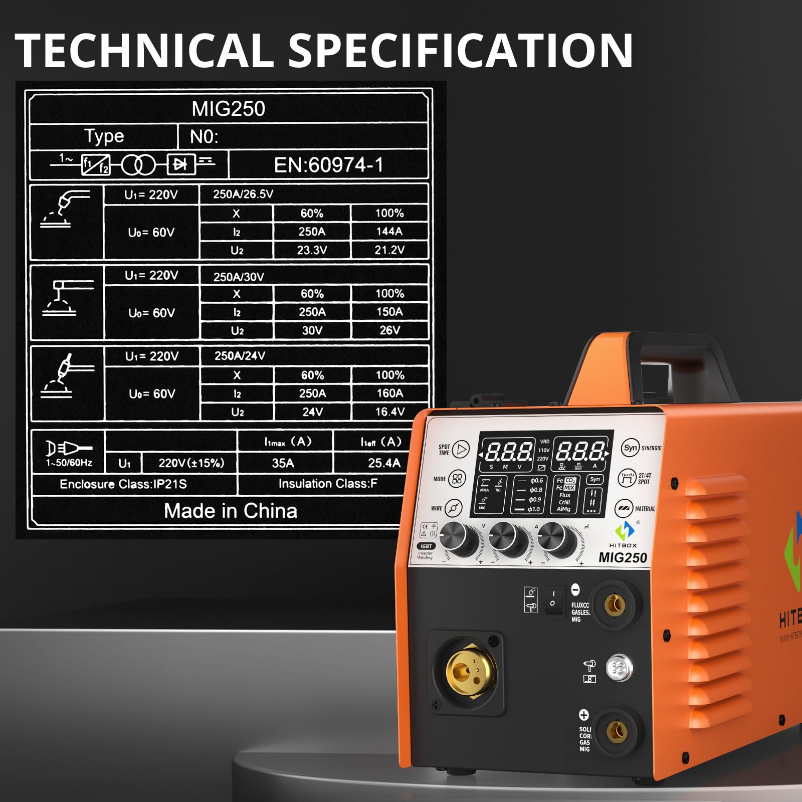HITBOX 6 in 1 MIG Welder Gas/Gasless 250A 240V LED Digital MIG Welding Machine Flux Solid Wire MIG ARC Lift TIG Inverter Welders, Aluminum Weldable(MIG250)