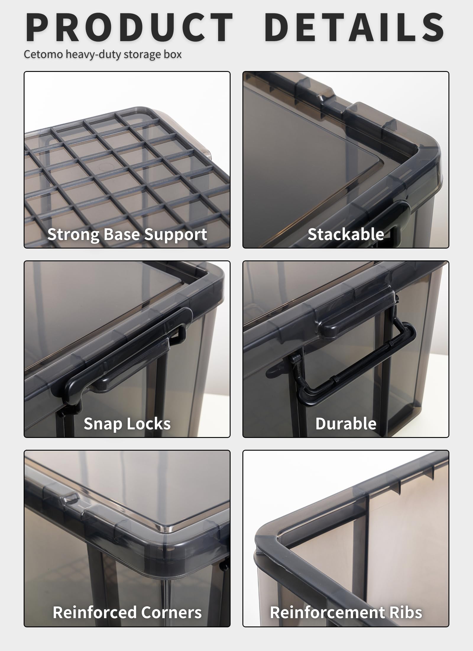 Cetomo 80L*3 Storage Boxes, Stackable Storage Box with Lids, Heavy-Duty Lidded Container with Reinforced Corners, Vertical Sides and Clip Closure,