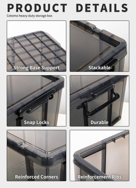 Cetomo 35L*3 Storage Boxes, Stackable Storage Box with Lids, Heavy-Duty Lidded Container with Reinforced Corners, Vertical Sides and Clip Closure,