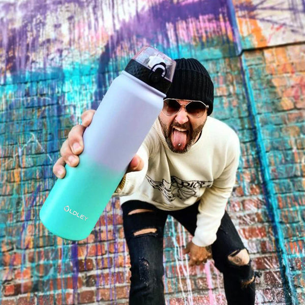 OLDLEY Stainless Steel Water Bottle with Straw 1L Vaccum Insulated Large Drink Flask Metal Water Bottles 1 Litre Leakproof Keep Drinks Hot Cold for Sports Gym with Different Lids(Purple Green, 3 Lids)