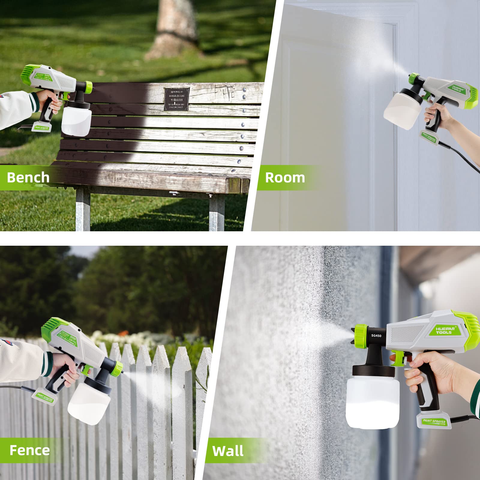 Fence Paint Sprayer 800W, Huepar Tools Electric HVLP Paint Spray Gun, 4 Nozzles, 9.84ft Hose, 3 Patterns, Adjustable Spray, 1300ML Detachable Container, Electric Spray Gun for Indoor & Outdoor