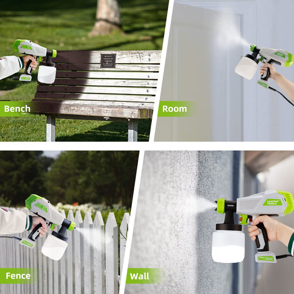 Fence Paint Sprayer 800W, Huepar Tools Electric HVLP Paint Spray Gun, 4 Nozzles, 9.84ft Hose, 3 Patterns, Adjustable Spray, 1300ML Detachable Container, Electric Spray Gun for Indoor & Outdoor