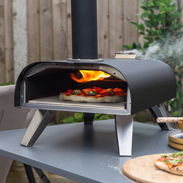 Zanussi ZPO1BPC Outdoor 12 Inch Wood Pellet Portable Wood Fired Pizza Oven with Paddle and Cover in Black, BBQ Oven & Smoker, Stainless Steel Foldable Legs