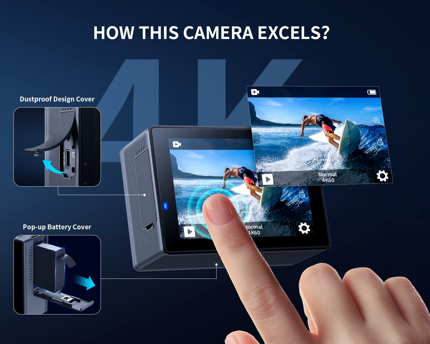 WOLFANG Action Camera 4K 60FPS 24MP GA300, WiFi 8X Zoom EIS Vlogging Camera, 40M Waterproof Underwater Camera for Snorkeling, External Mic, Remote Control and Helmet Accessories Kit for Cycling