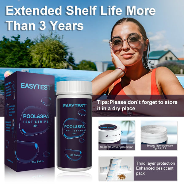 EASYTEST Hot Tub Test Strips, 150 Strips Pool and Spa Test for pH,Total Alkalinity,Free Chlorine and Bromine, Accurate 3 in 1 Pool Water Testing Kit