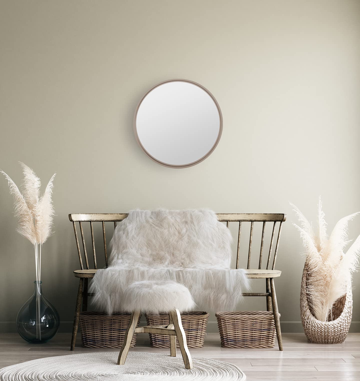 Home Selections Beige Brown Round Wall Mirror, 50cm, Wooden Deep Framed Circle Mirror