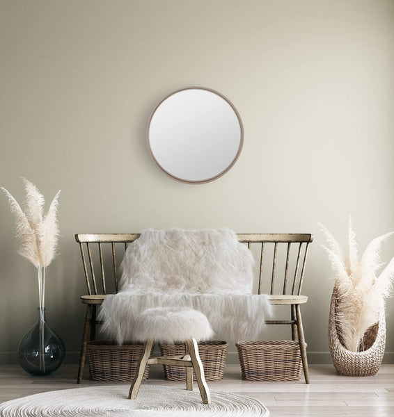 Home Selections Beige Brown Round Wall Mirror, 50cm, Wooden Deep Framed Circle Mirror
