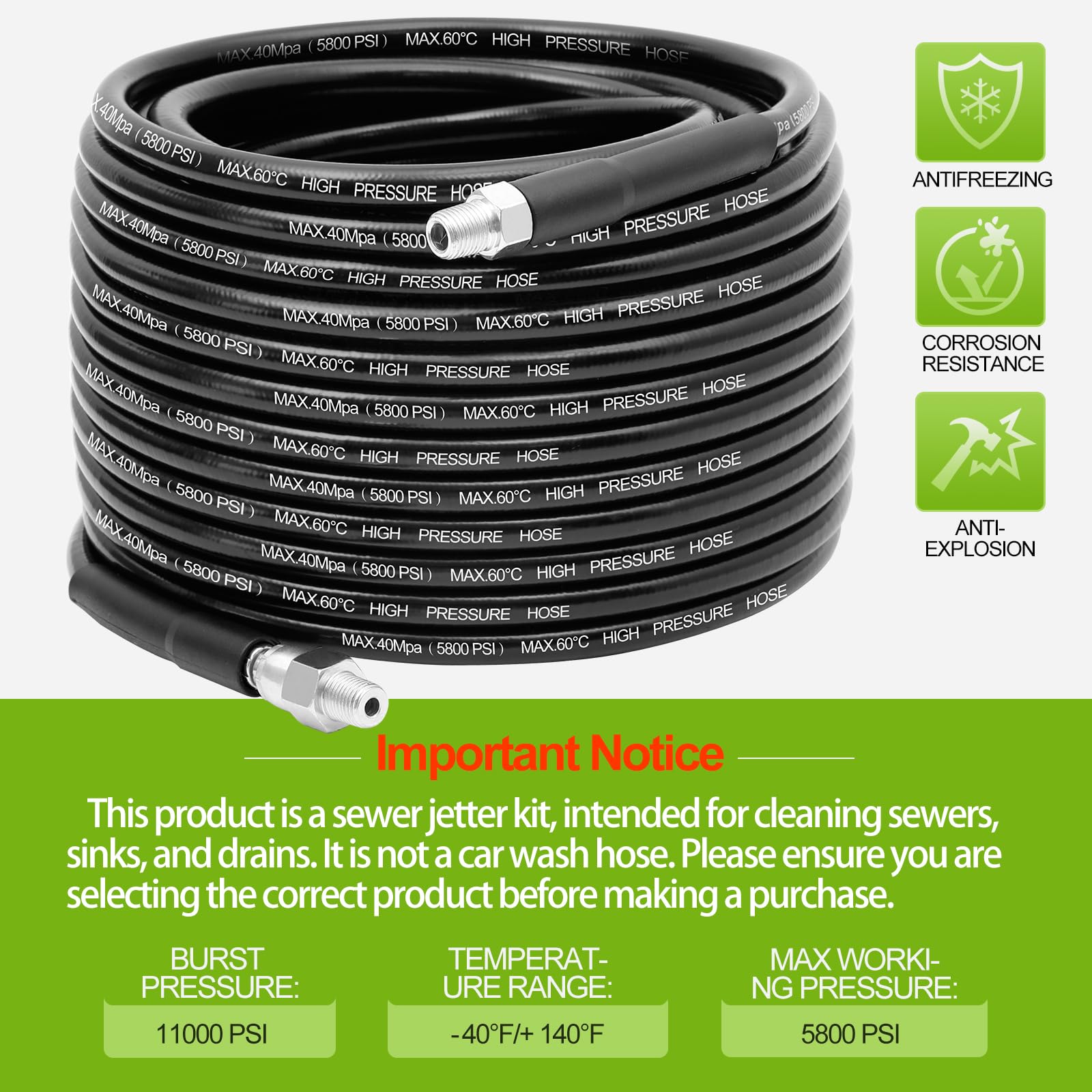 15M/50 FT Drain Jetting Hose - Compatible with Karcher and Bosch Pressure Washer Gun, 400 Bar/5800PSI Drain Jetter for Pressure Washer Gun Includes 4
