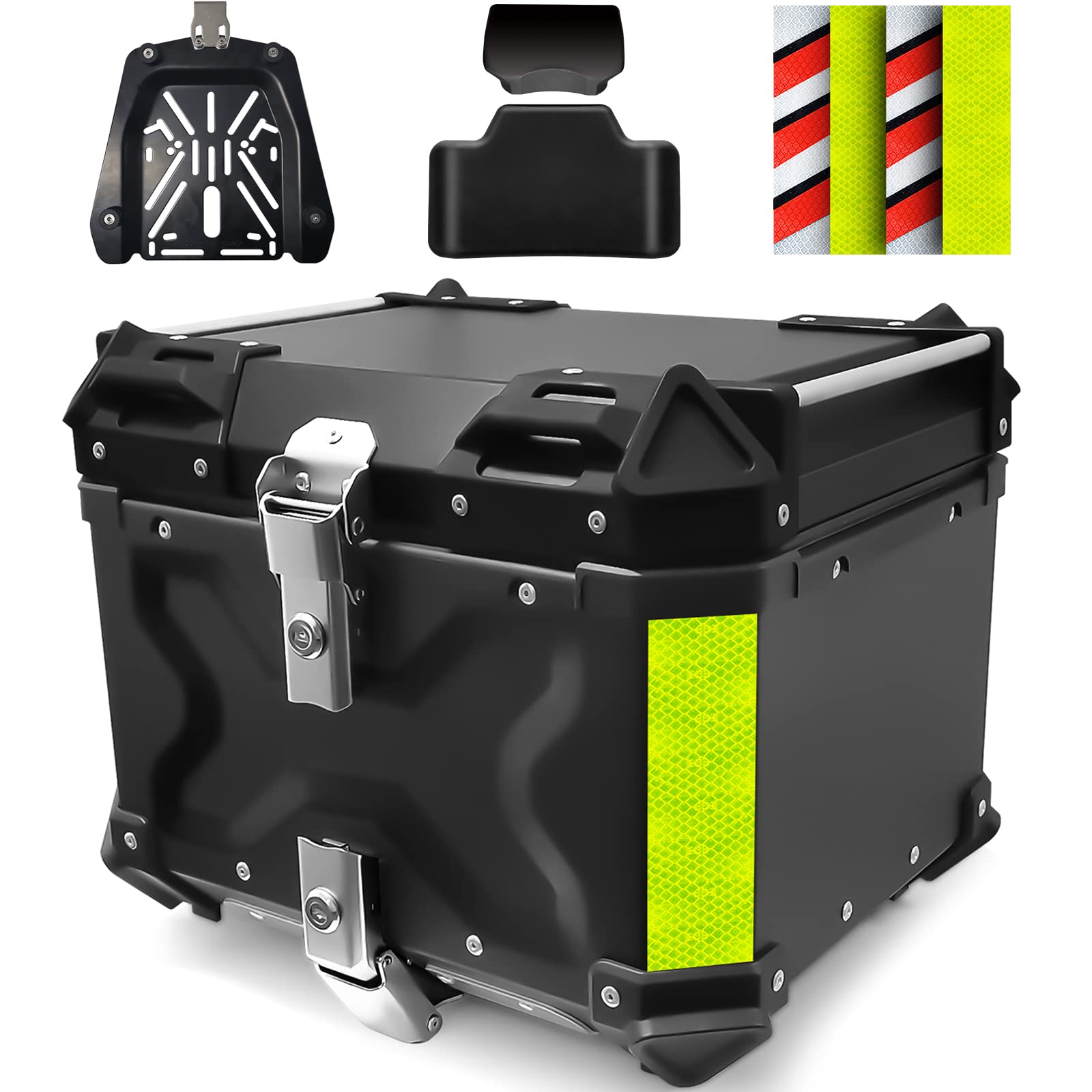 VOKKA Motorcycle Top Box, 65L Aluminium Alloy Waterproof Dustproof and Anti-Theft, Luggage Box for Storage Helmet, Motorbike Top Case with Backrest and Baseplate (Silver)