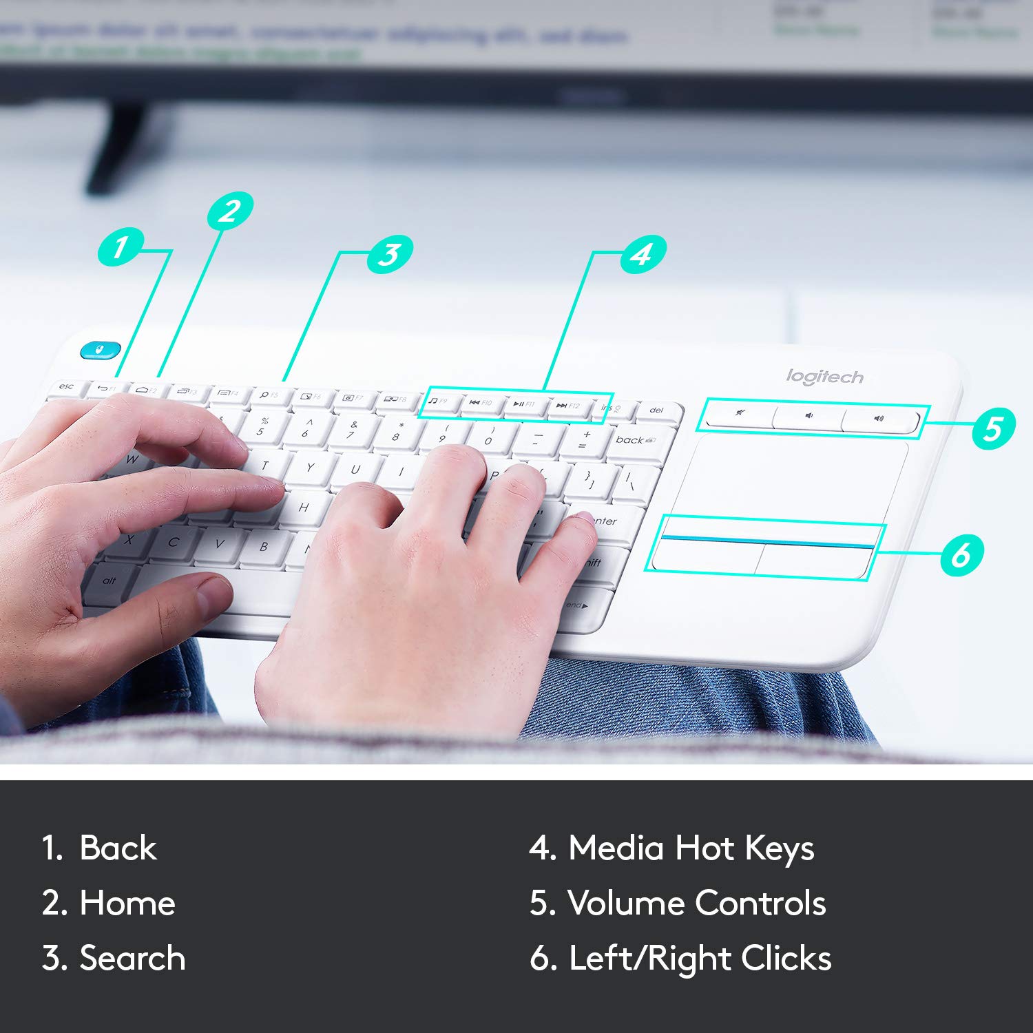 Logitech K400 Plus Wireless Touch TV Keyboard With Easy Media Control and Built-in Touchpad, HTPC Keyboard for PC-connected TV, Windows, Android, Chrome OS, Laptop, QWERTY UK English Layout - Black