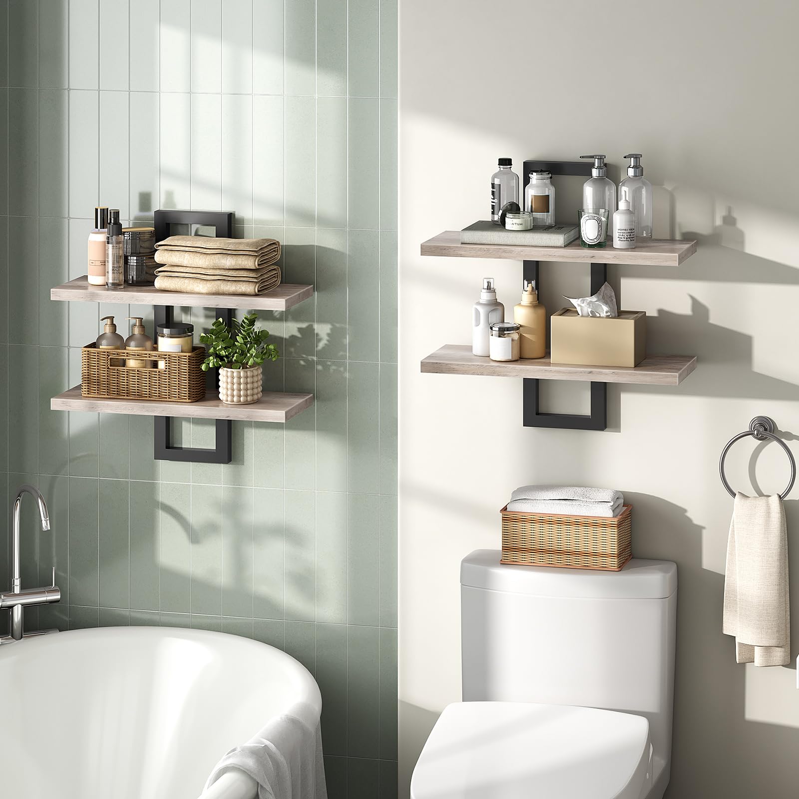 HOOBRO Floating Shelves, Wall Shelves Set of 2, Wall Mounted Storage Shelves 2-Tier, Wall Display Racks, Hanging Bathroom Shelves, for Kitchen, Living