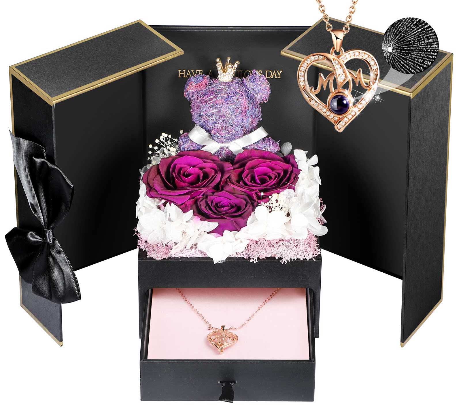 ADDWel Mother Gifts for Mum, Preserved Purple Rose Gift Box with Mum Necklace I Love You in 100 Languages, Eternal Red Roses for Women, Gift for Her