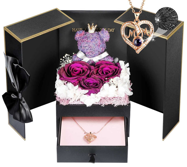 ADDWel Mother Gifts for Mum, Preserved Purple Rose Gift Box with Mum Necklace I Love You in 100 Languages, Eternal Red Roses for Women, Gift for Her