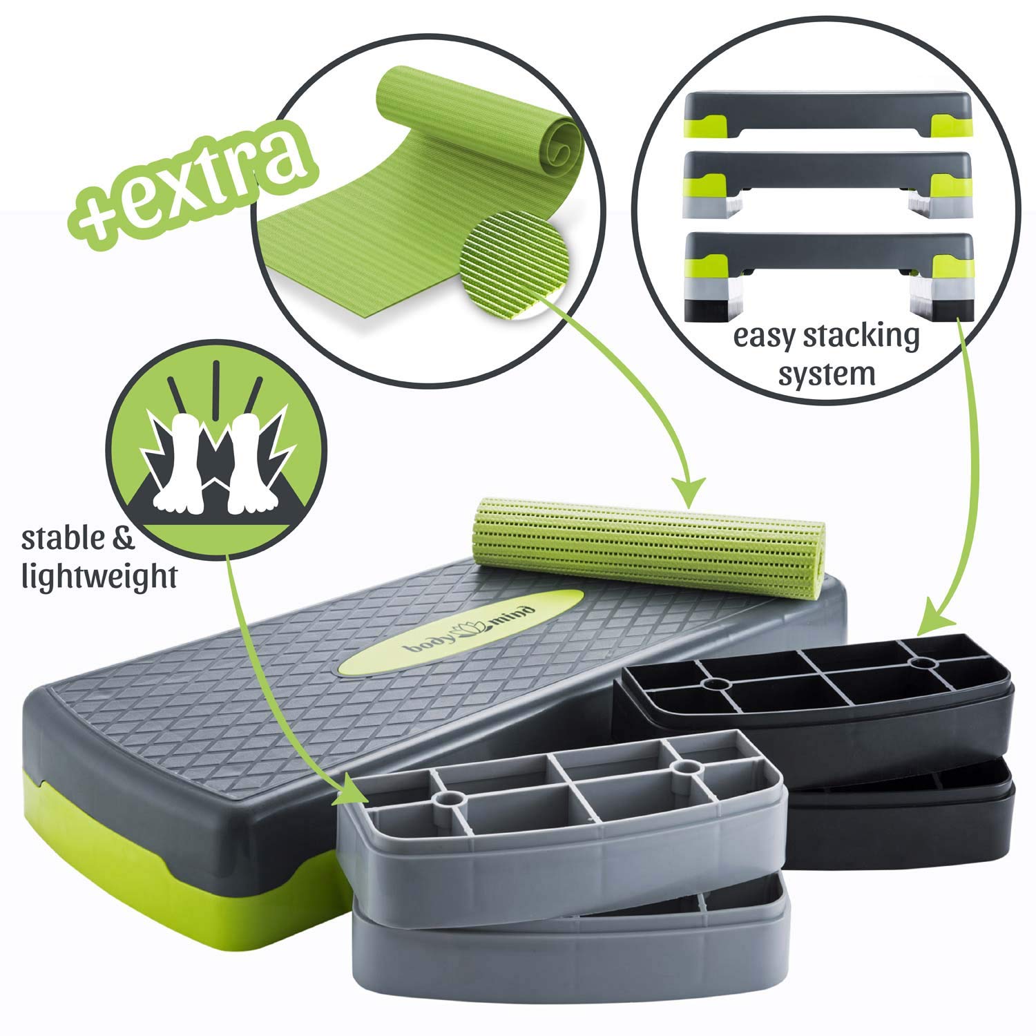 Body&Mind? Aerobic stepping board Elite 3-step stepper step bench with free non-slip mat & exclusive training e-book