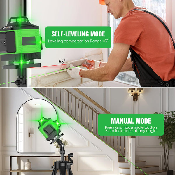 Laser Level Self Leveling 4 x 360°, 4D 16 Lines Green Professional Laser Level with 2 Batteries, Adjustable Brightness Pulse Mode, Swivel Base Remote Control Wall Bracket (with Tripod Base)