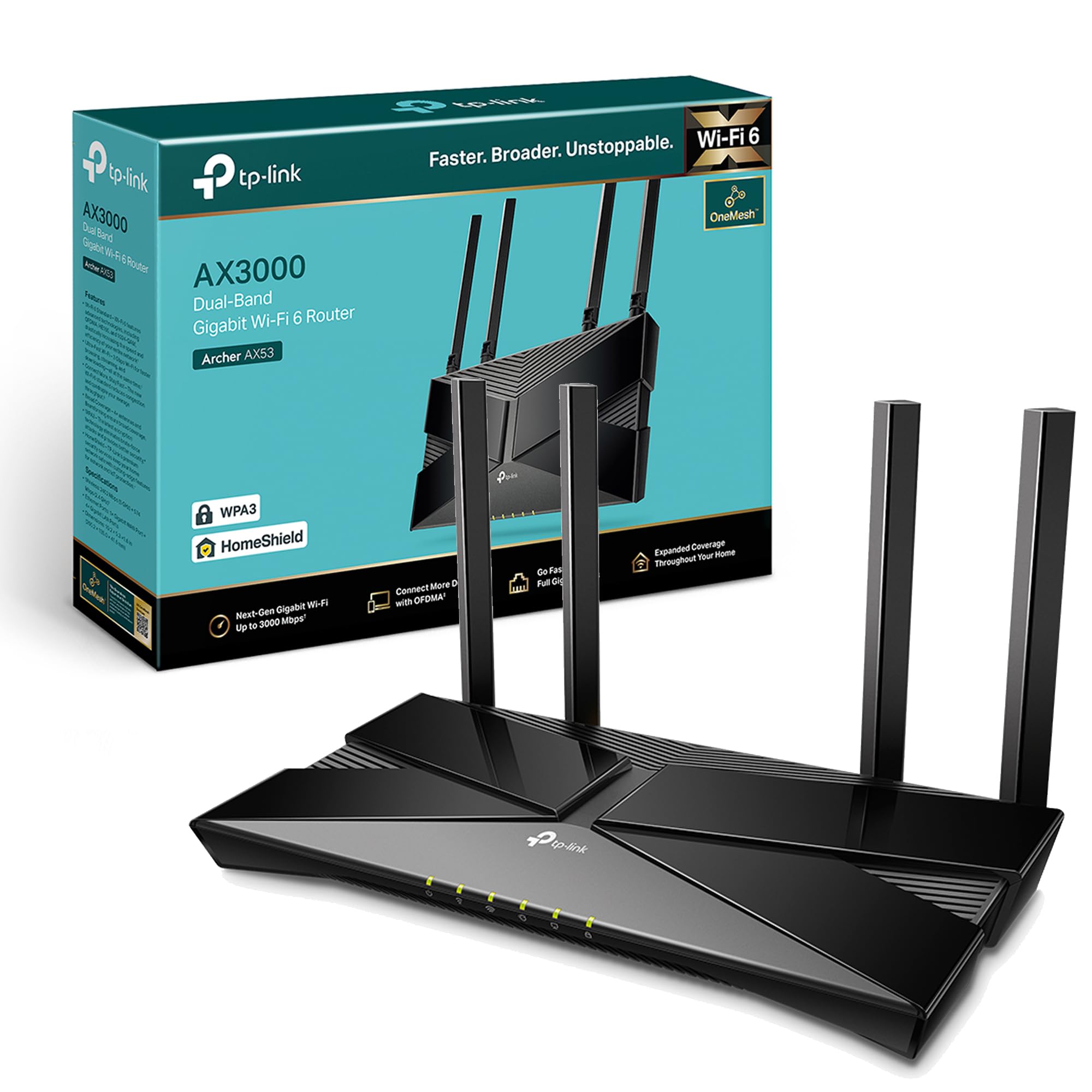 TP-Link Archer AX53 AX3000Mbps Dual-Band WiFi 6 Router, Fast Full Gigabit Ports, Ultra-Low Latency, EasyMesh Compatible, WPA3, Optimal for Gaming, Works with Alexa, Client & Server VPN