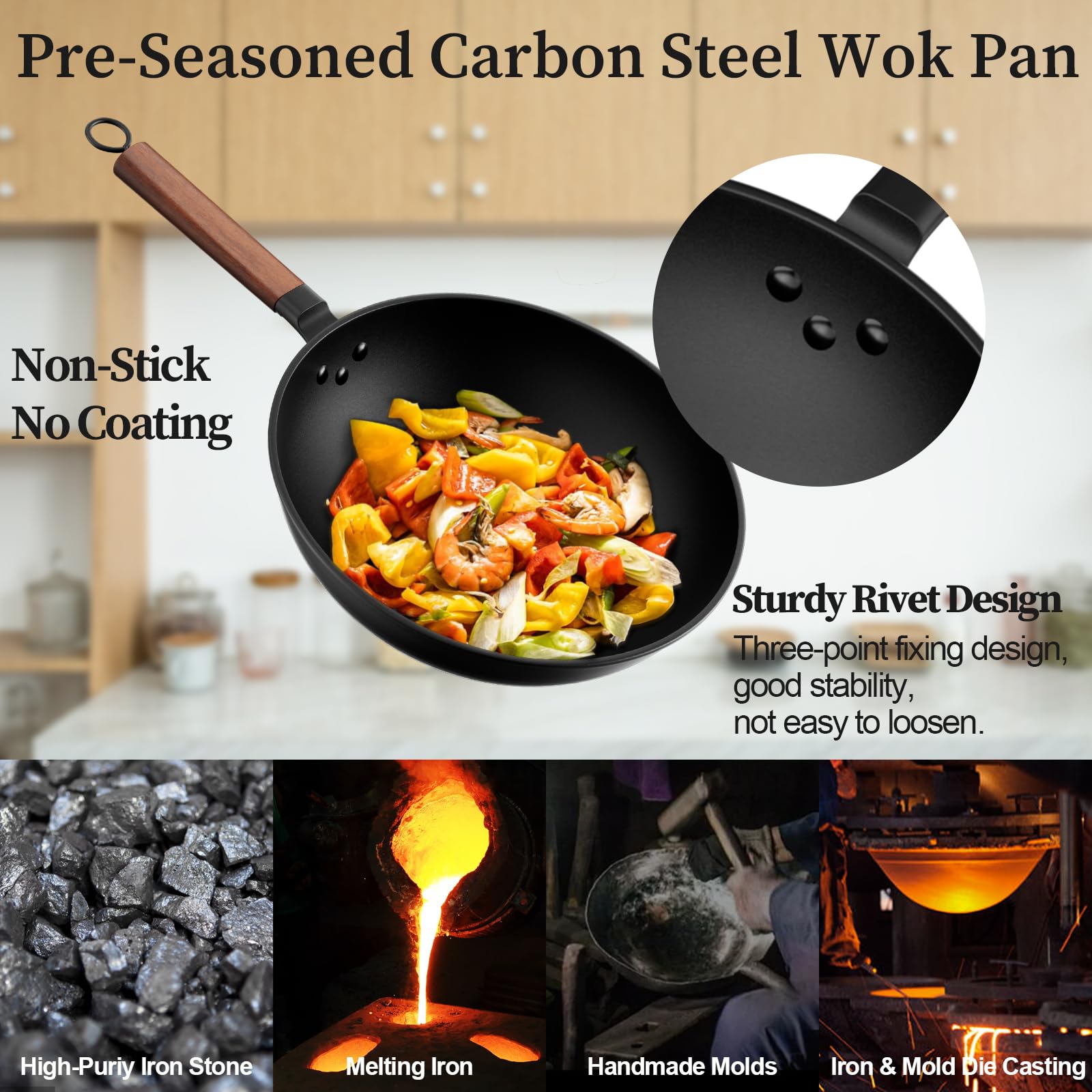 Jobin 13Inch/33cm Wok Non Stick with Lid Carbon Steel Wok and Large Capacity for Cook Asian Dishes for 4-6 People, Ideal for Induction, Gas, All Hobs