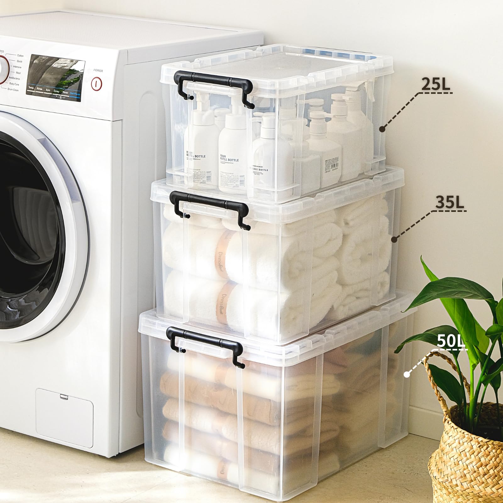 Cetomo 50L*3 Storage Boxes, Stackable Storage Box with Lids, Heavy-Duty Lidded Container with Reinforced Corners, Vertical Sides and Clip Closure,