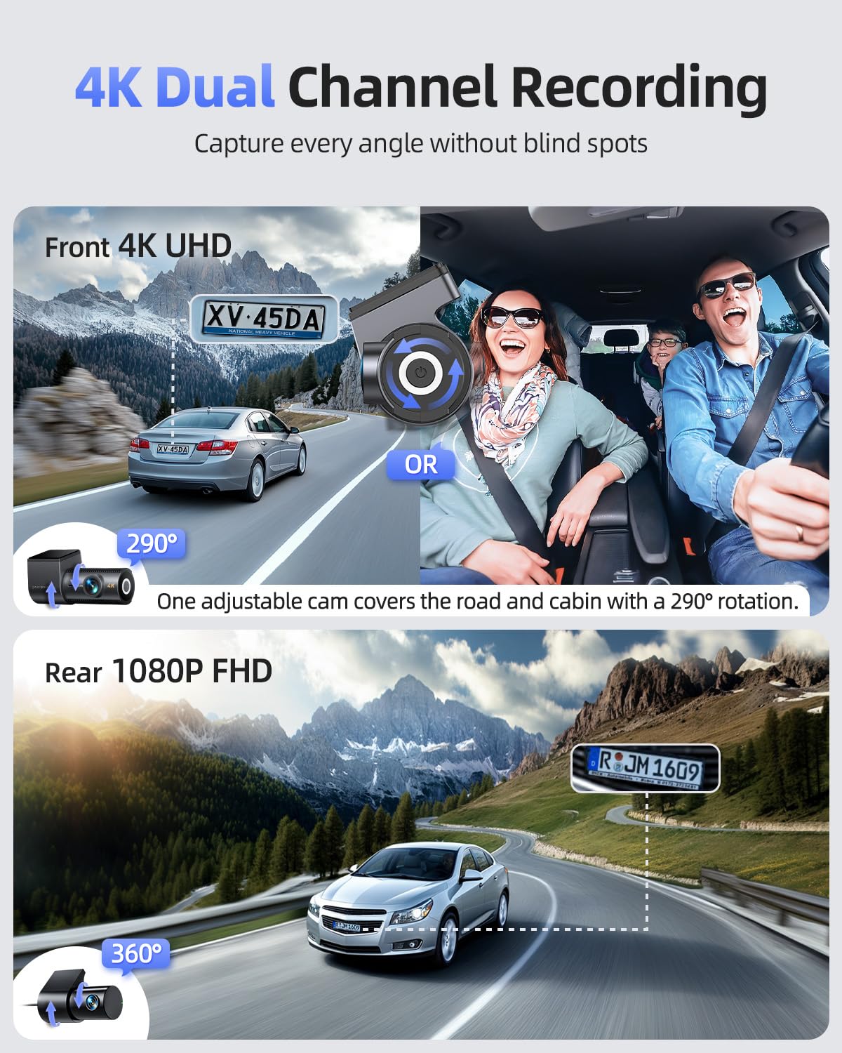 Dash Cam Front and Rear, 4K Dashcam with 64GB SD Card, 1.5'' IPS Display Dual Car Camera with 5GHz Wi-Fi, 24/7 Parking Mode, G-Sensor, Night Vision, 170° Wide Angle, Loop Recording, App Control
