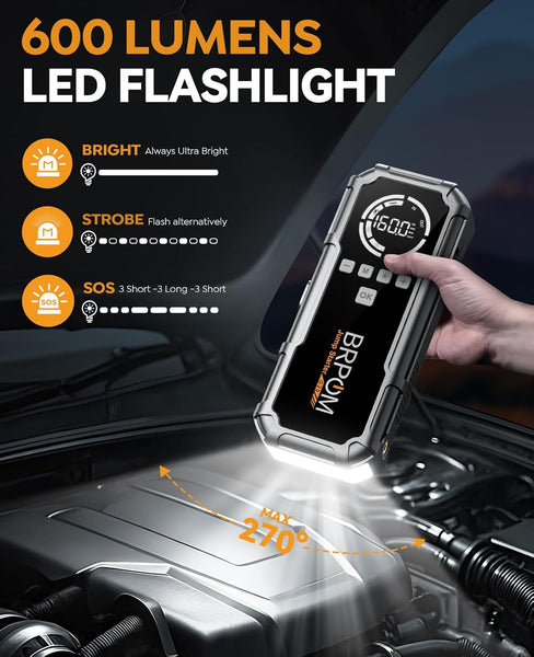 Jump Starter Power Pack with Air Compressor, BRPOM 8000A Portable Jump Starter 160PSI(All Petrol/12L Diesel), 12V Car Jumper Power Bank with Jump Clamps, LCD Screen, Emergency Light