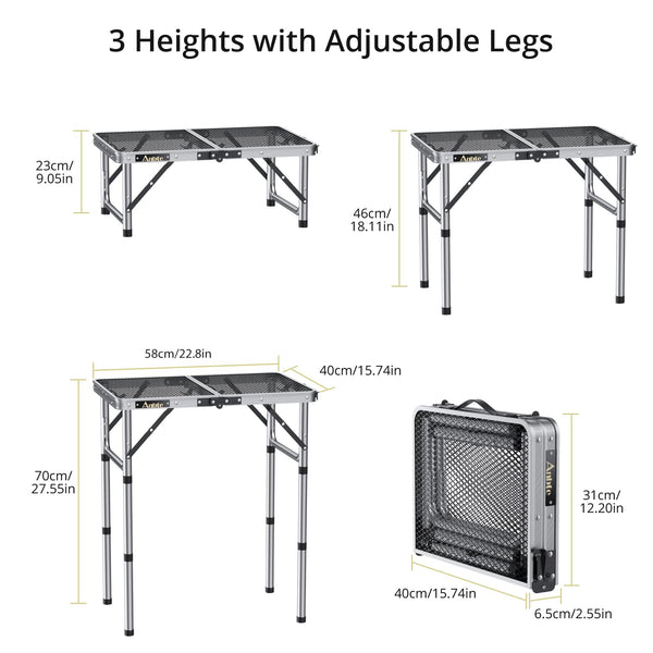 Anbte Folding Grill Table, 3 Adjustable Heights Aluminum Camping Table Heat Resistant with Mesh Desktop, Lightweight, Portable handle for Outdoor