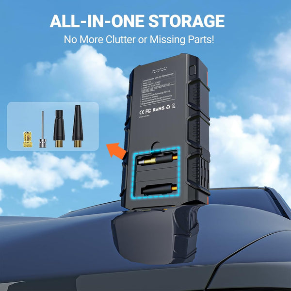 Jump Starter Power Pack with Air Compressor & Tyre Inflator, 5000A Car Battery Booster(for 10L Petrol or 8L Diesel) 12V Jump Starters Power Bank with Jump Leads, 18W Fast Charging, LCD Screen, LED