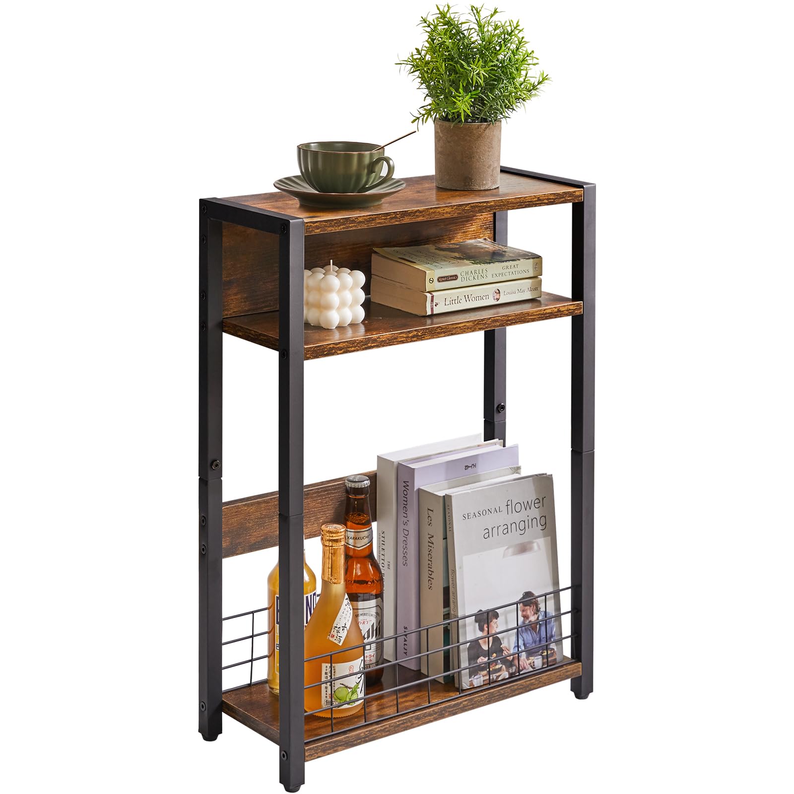 IBUYKE Narrow Side Table with Storage Shelf, 3 Tier End Table,Small Nightstand with Magazine Rack,Telephone Table for Small Spaces,for Living Room,