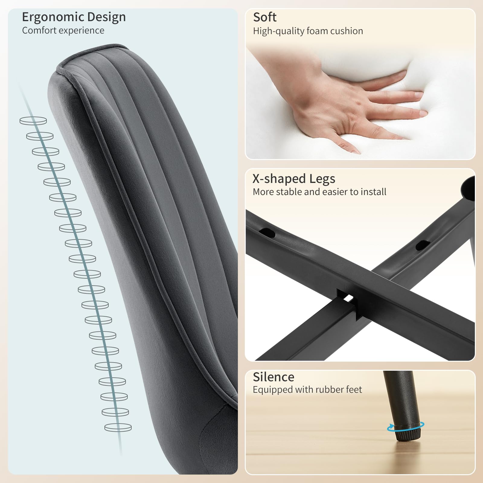 LONGTOO Set of 6 Dining Chairs with Velvet Upholstered Seat & Backrest,Stable Metal Legs,Modern Stripe Design,Champagne