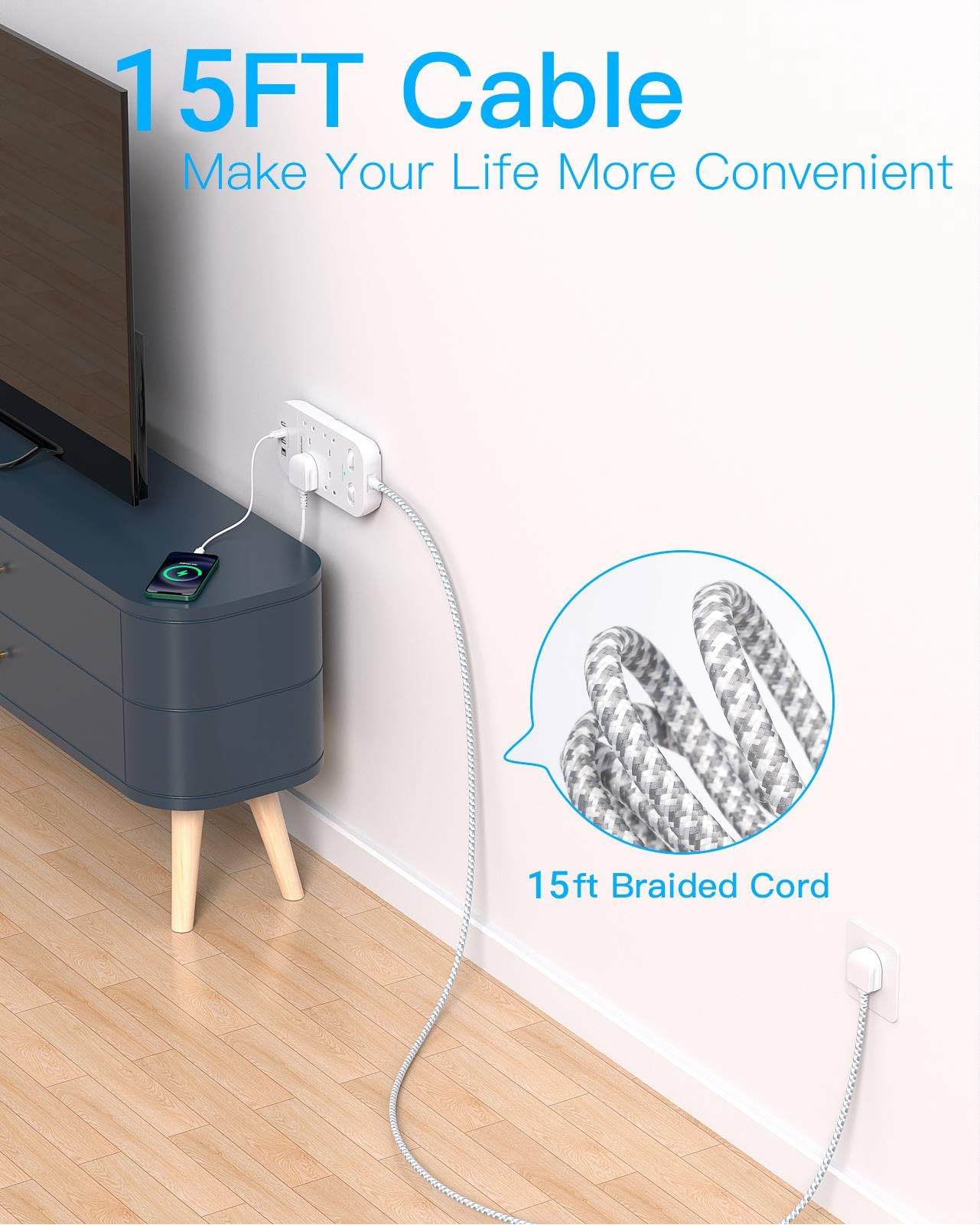 4 Way Surge Protected Extension Lead with USB Slots, HANYCONY Extension Cable with Double Switches, Plug Extension Socket 1.8M Braided Extension Cord for Home Office Accessories, Gray