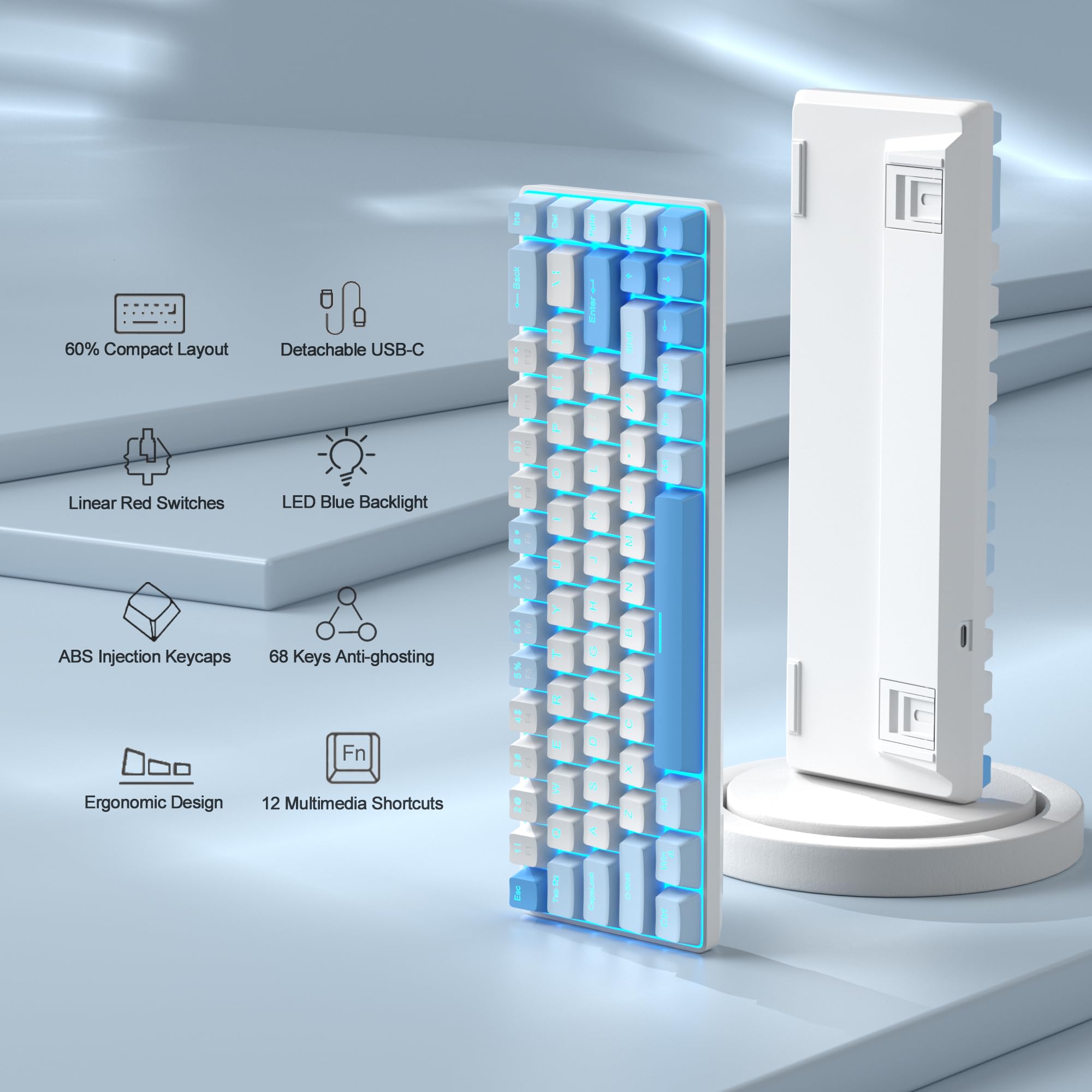 MageGee Portable 60% Gaming Mechanical Keyboard, Minimalist MK-Box Ice Blue Backlit Compact 68 Keys Wired Office Keyboard with Red Switch for Windows Laptop PC Mac Convenient(Gray & White)