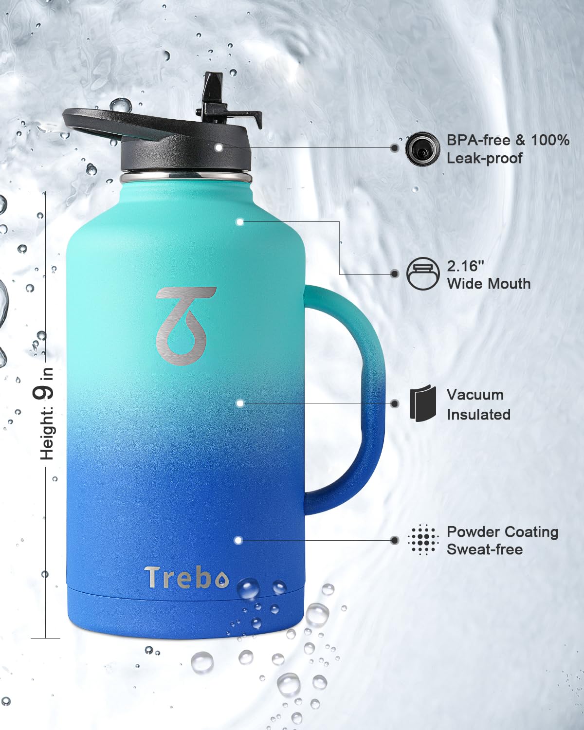 Insulated Water Bottle 2L, Trebo Stainless Steel Water Bottle Large Metal Bottle with Handle Wide Mouth Double Wall Sports Bottle Keep Cold Water