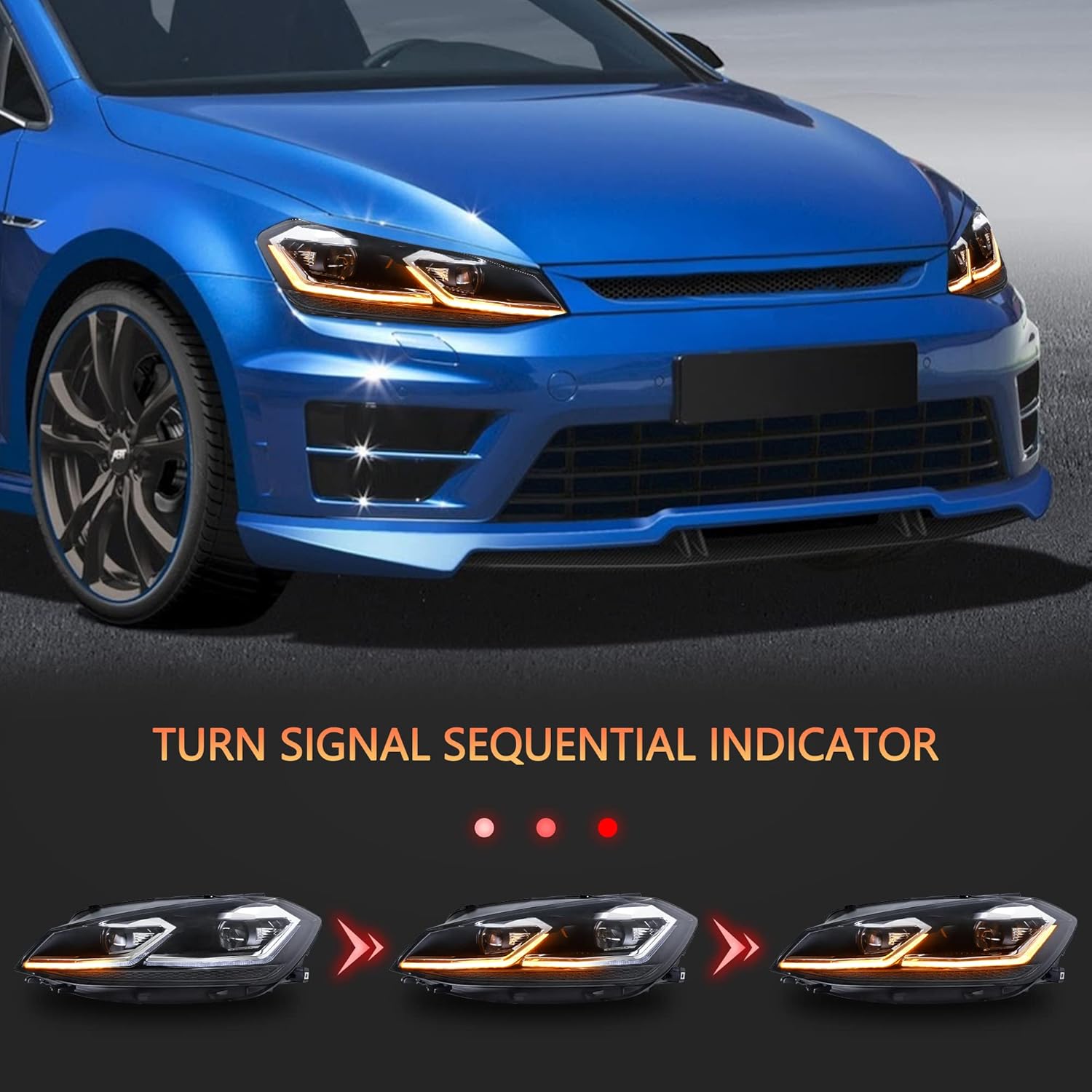 VLAND Headlights for Golf 7.5 MK7.5 2017-2020 Front Lights with Sequential Indicator, not fit GTI/R line/MK7, not include bulbs, E-mark, One Pair